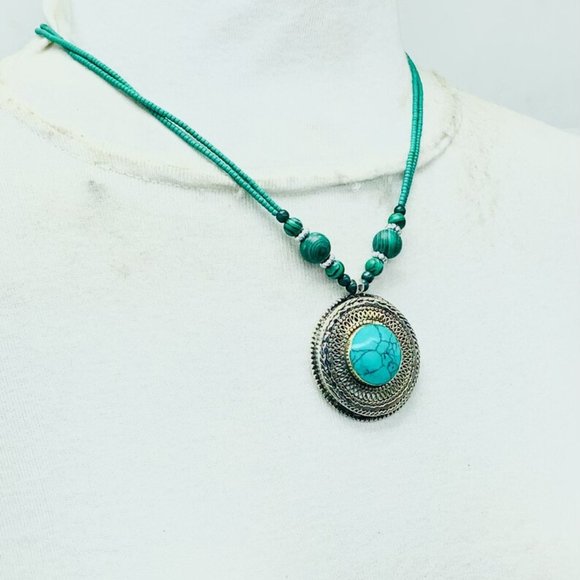 Turquoise Beaded Pendant Necklace, Ethnic Tribal Light Weight Necklace, Chunky - Picture 4 of 9